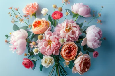 Beautiful Pastel Floral Bouquet on Blue Background