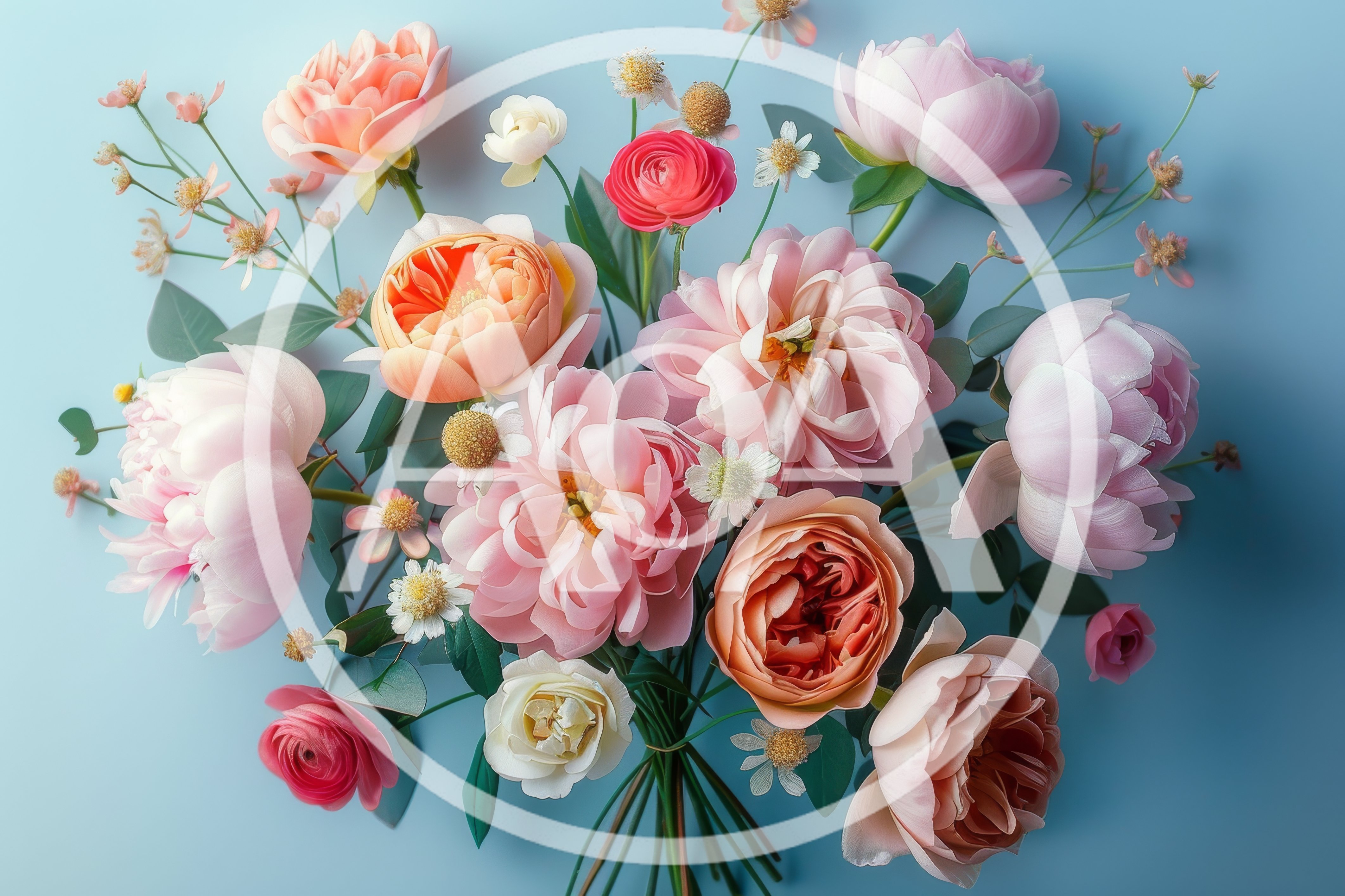 Beautiful Pastel Floral Bouquet on Blue Background