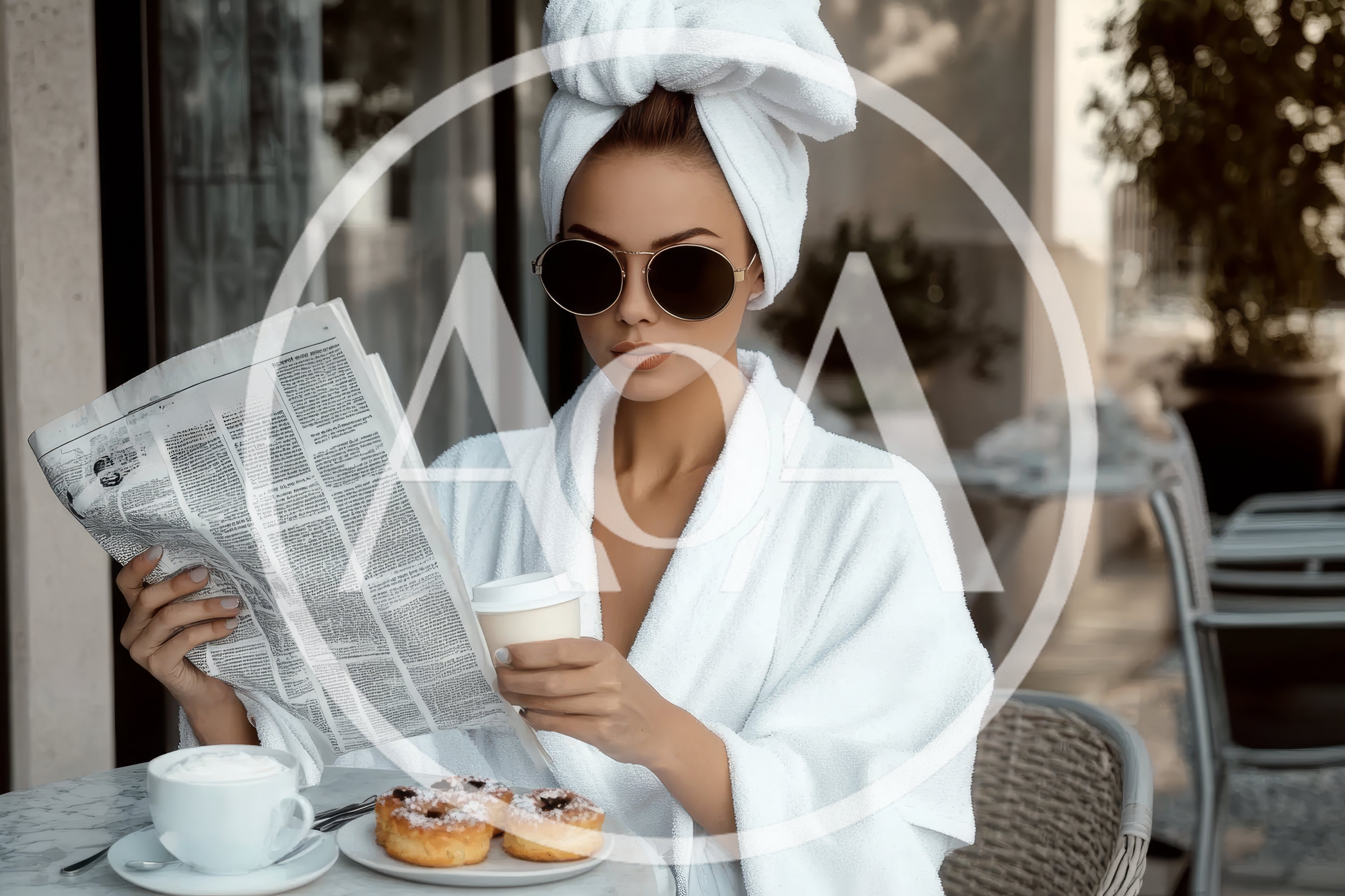 Woman in Bathrobe Reading Newspaper at Outdoor Cafe