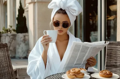 Woman In Bathrobe Reading Newspaper And Drinking Coffee