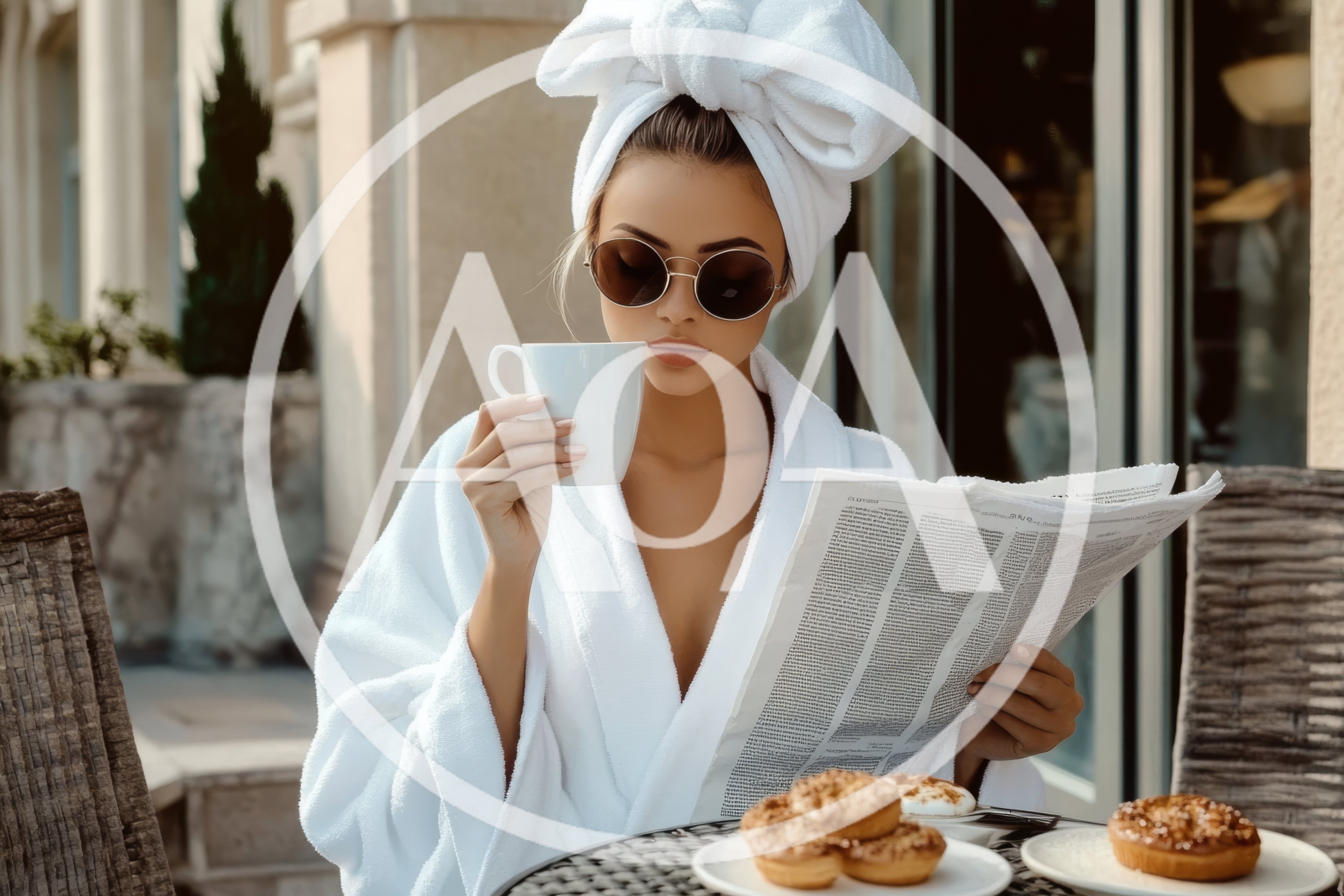 Woman In Bathrobe Reading Newspaper And Drinking Coffee