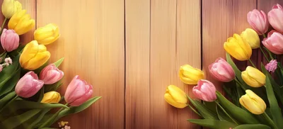 Spring Tulips Arranged on Rustic Wooden Background