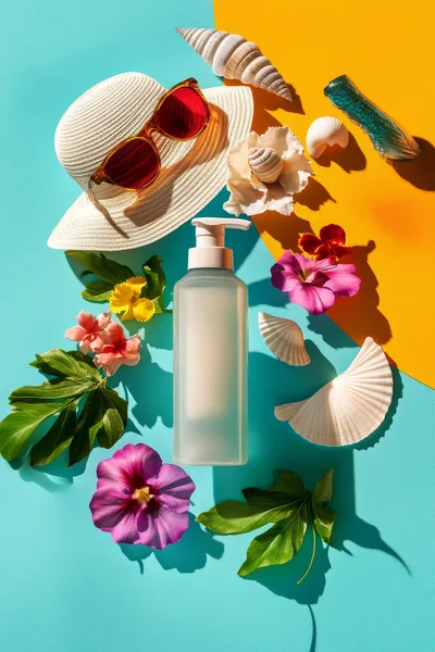 Summer Skincare Product Flat Lay with Tropical Decor