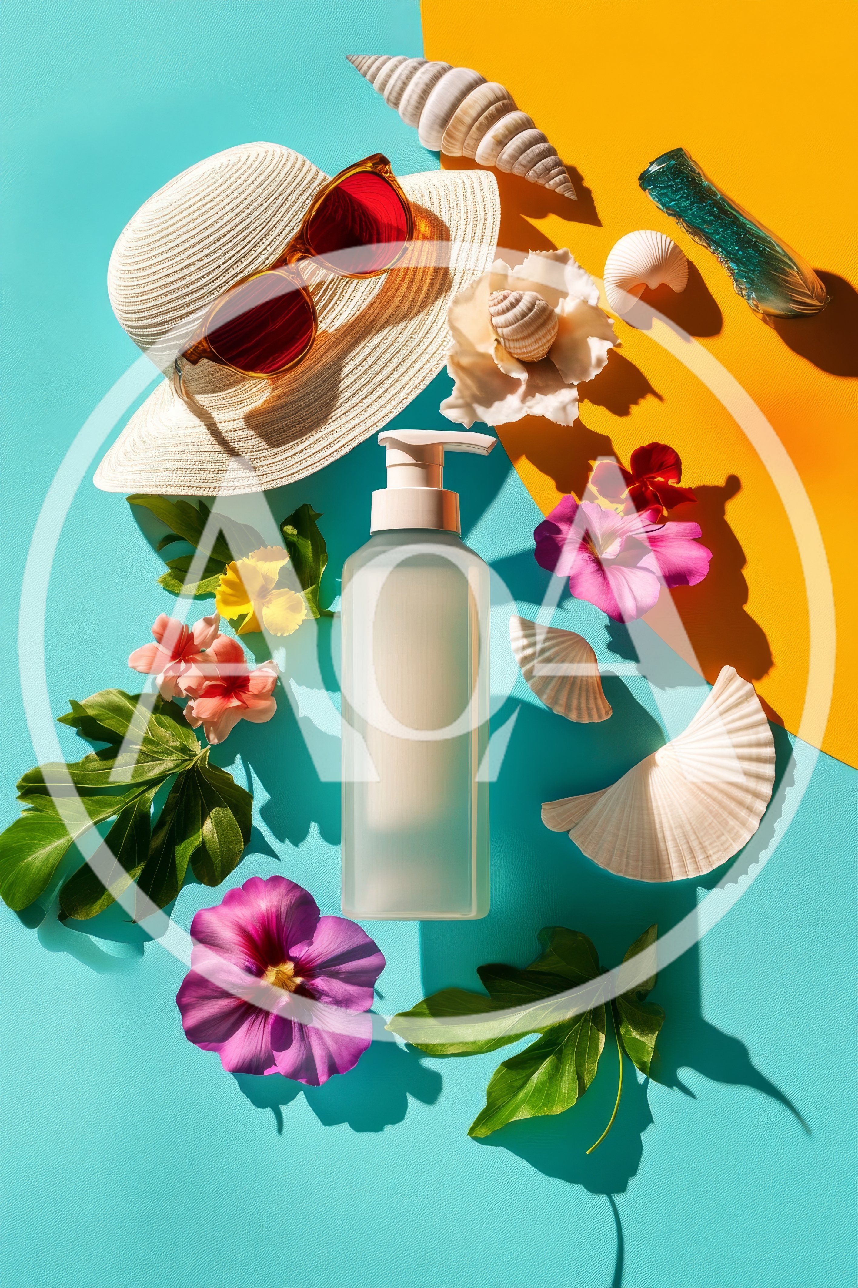 Summer Skincare Product Flat Lay with Tropical Decor