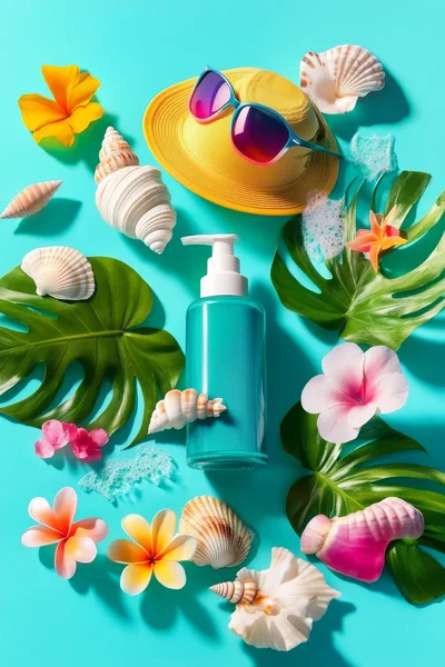 Summer Skincare Product Flat Lay With Tropical Decor