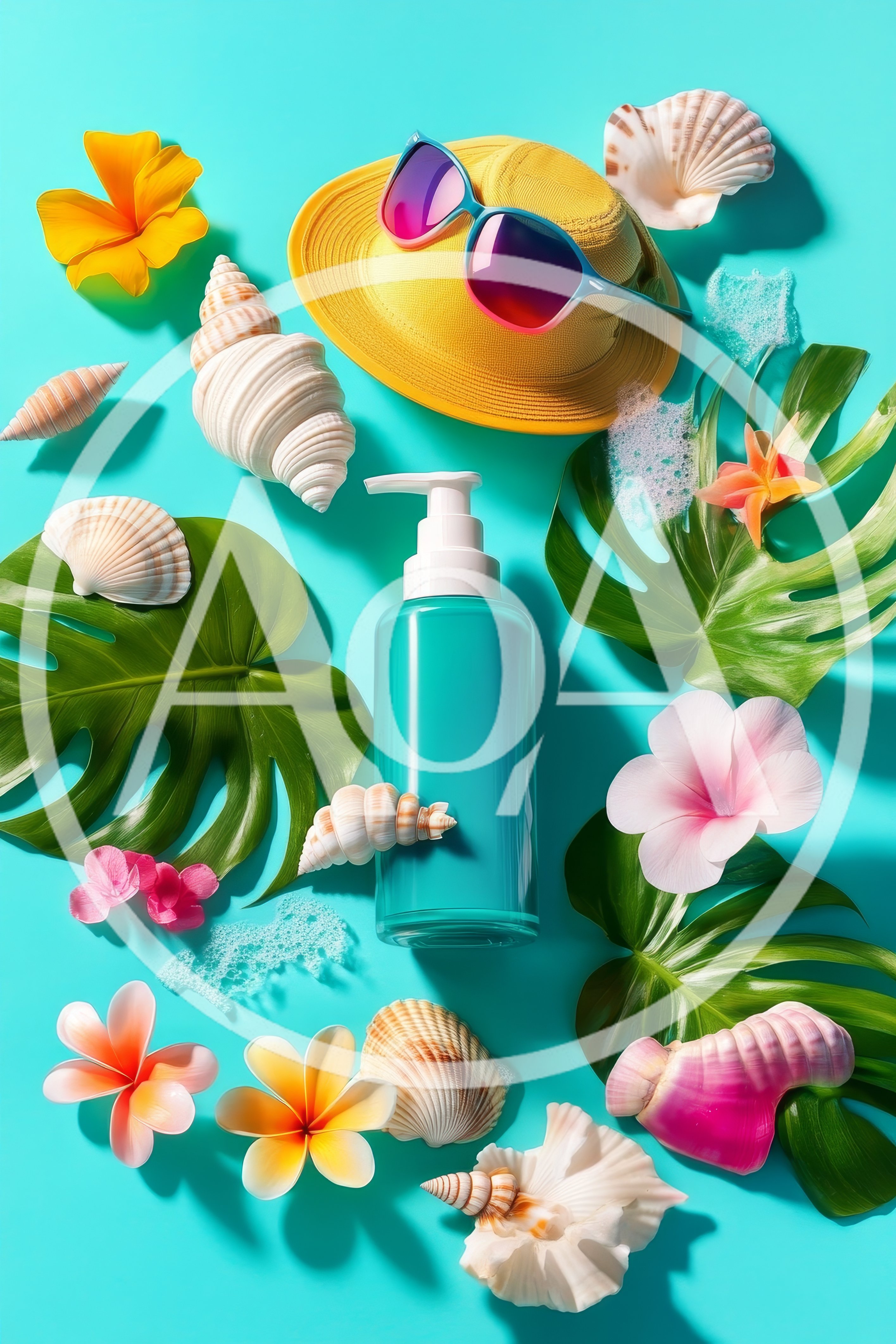 Summer Skincare Product Flat Lay With Tropical Decor