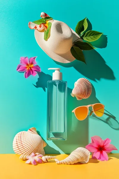 Summer Skincare Product Flat Lay With Beach Accessories