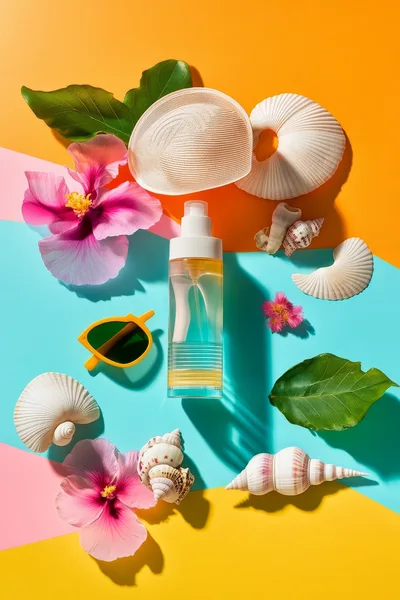 Summer Skincare Product Flat Lay with Tropical Elements