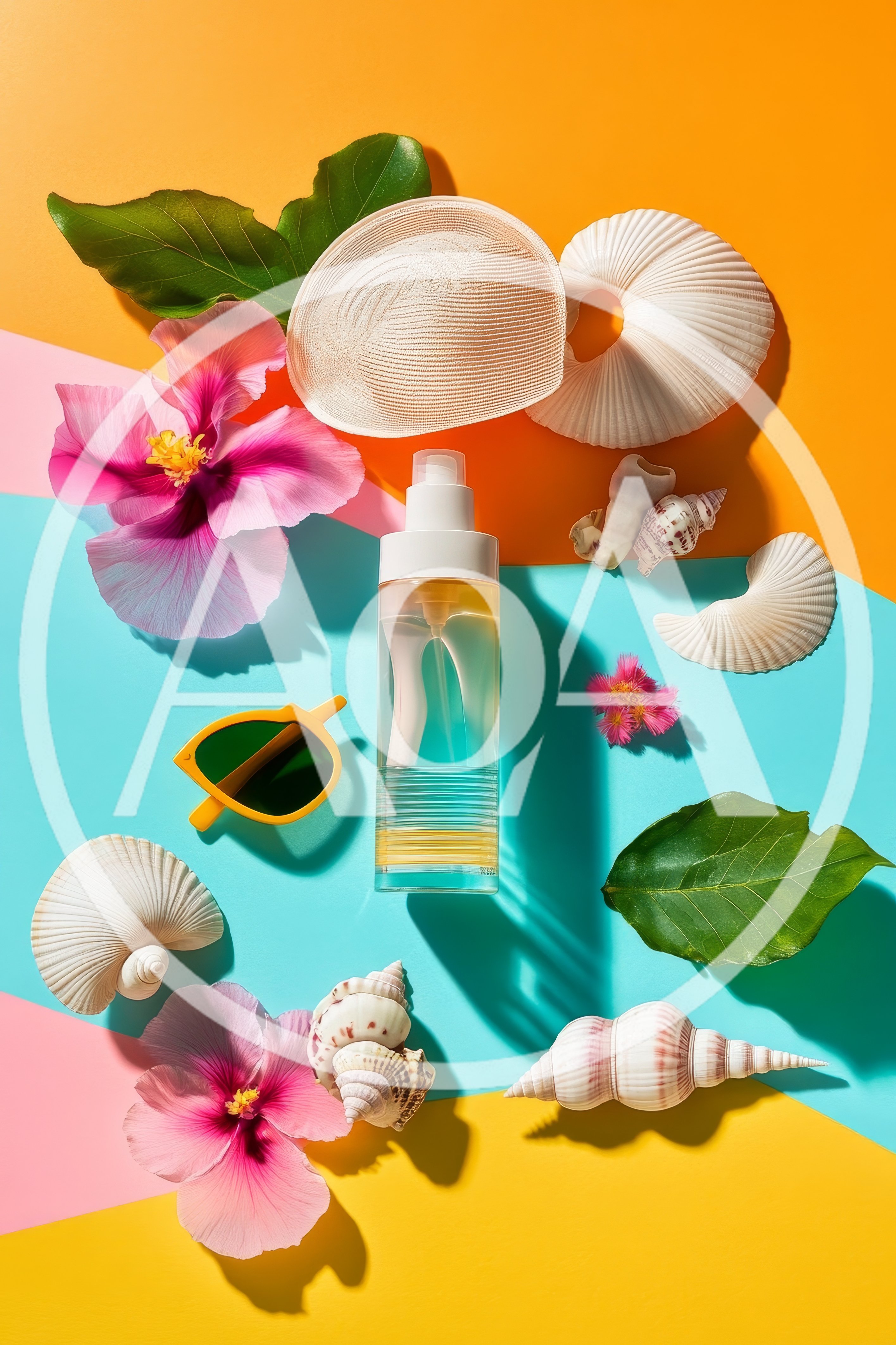 Summer Skincare Product Flat Lay with Tropical Elements