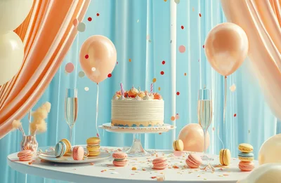 Birthday Celebration Table With Cake And Macarons