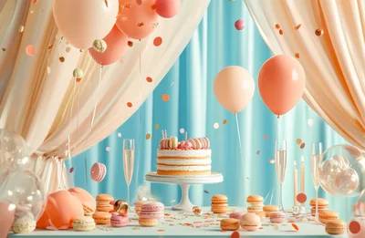 Celebratory Birthday Cake Table With Macarons And Balloons