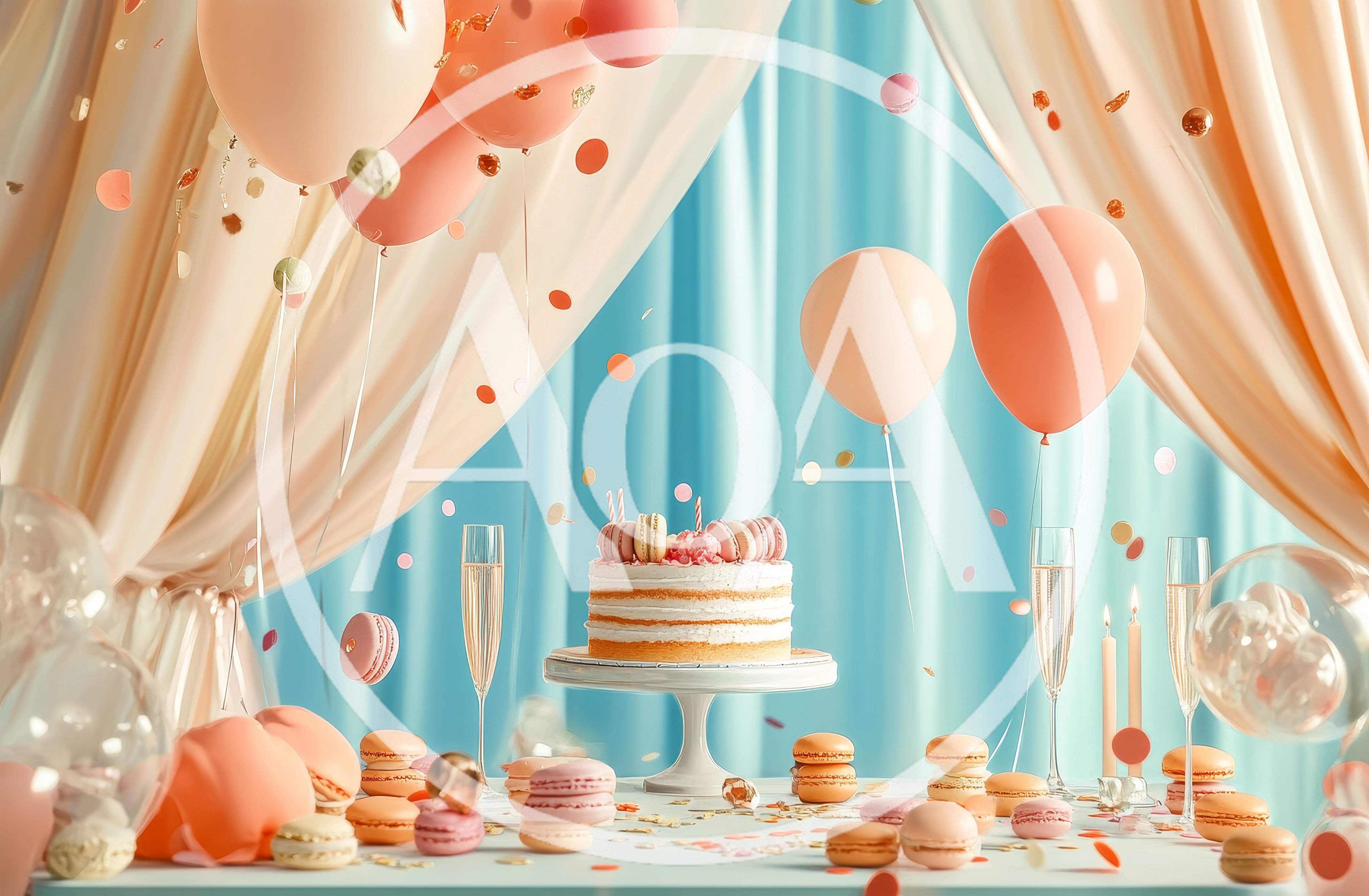 Celebratory Birthday Cake Table With Macarons And Balloons