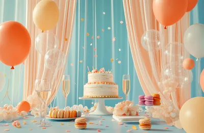Celebratory Birthday Cake Table With Balloons And Macarons