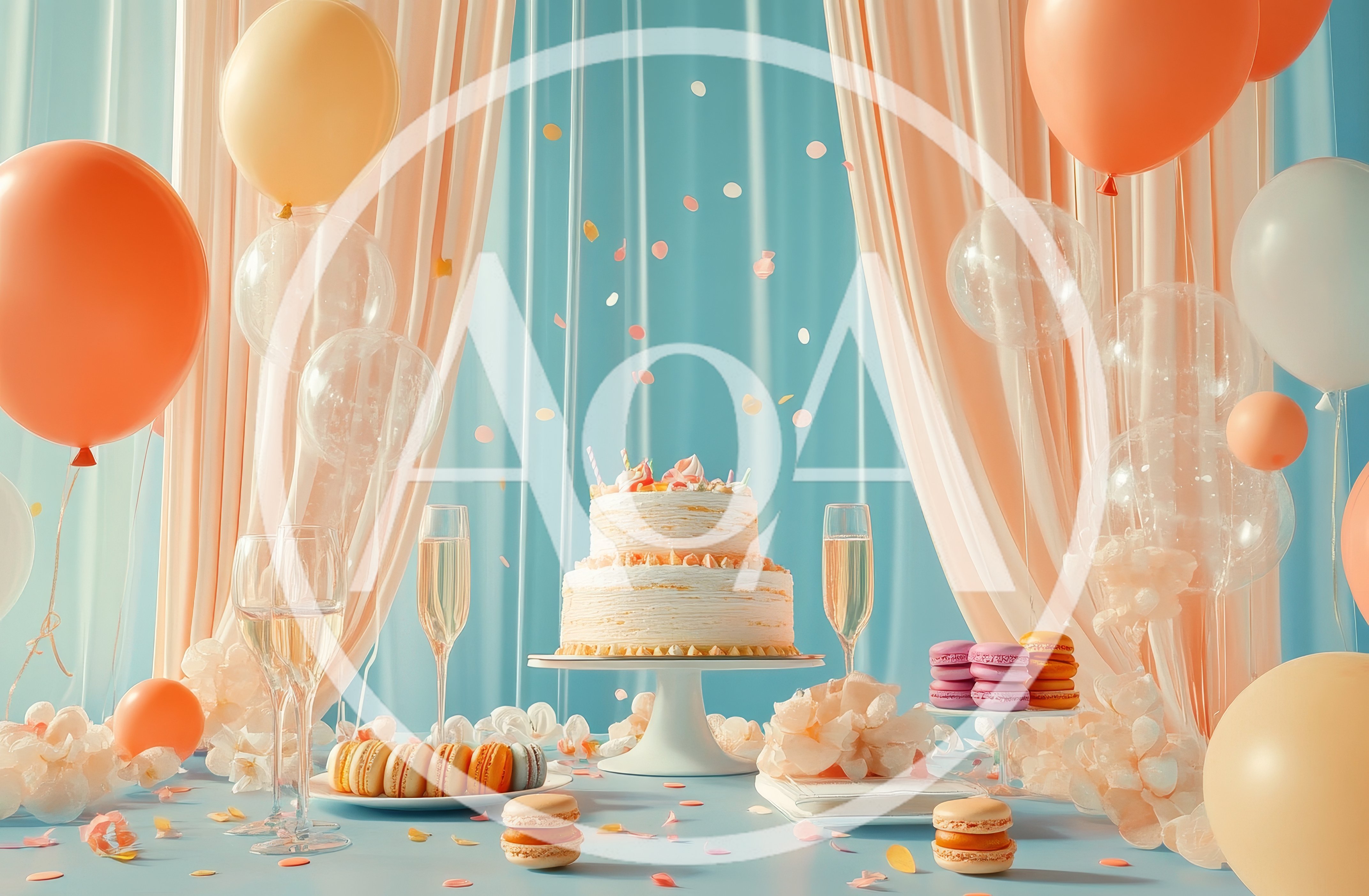 Celebratory Birthday Cake Table With Balloons And Macarons
