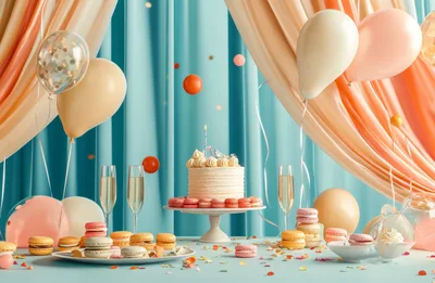 Birthday Celebration Table With Cake And Macarons
