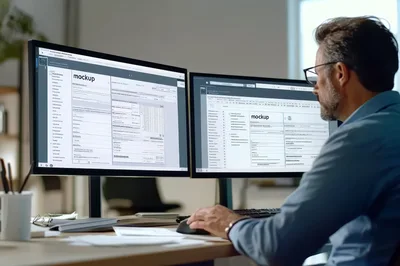Professional Man Working On Dual Computer Monitors
