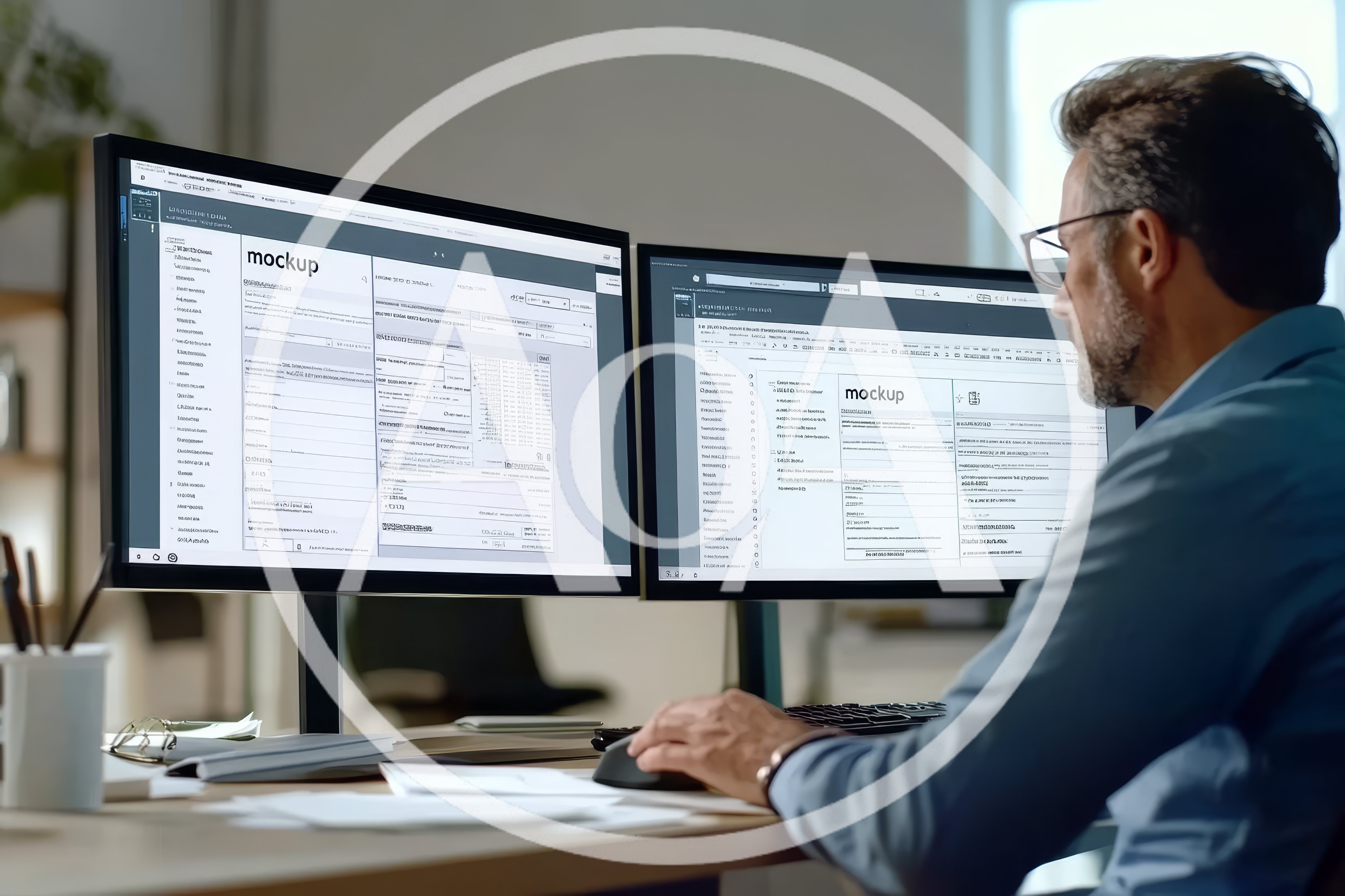 Professional Man Working On Dual Computer Monitors