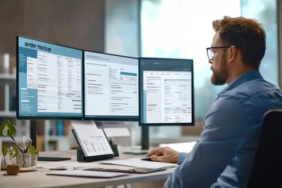 Professional Man Working On Multiple Computer Monitors