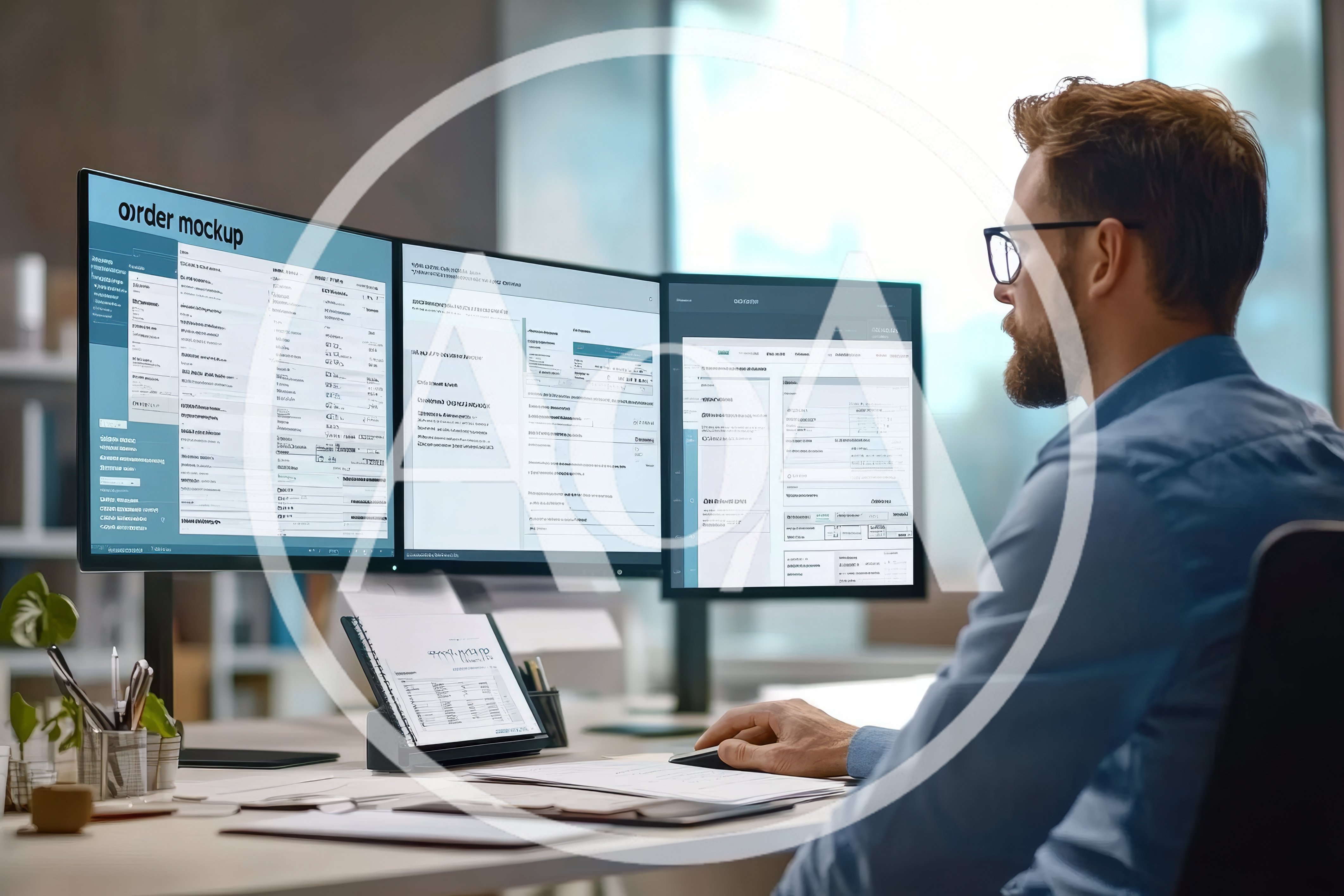 Professional Man Working On Multiple Computer Monitors