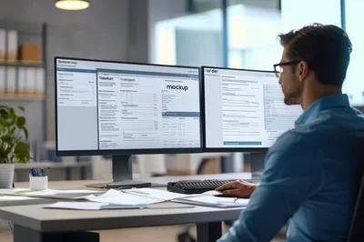 Professional Office Worker Analyzing Data On Dual Monitors