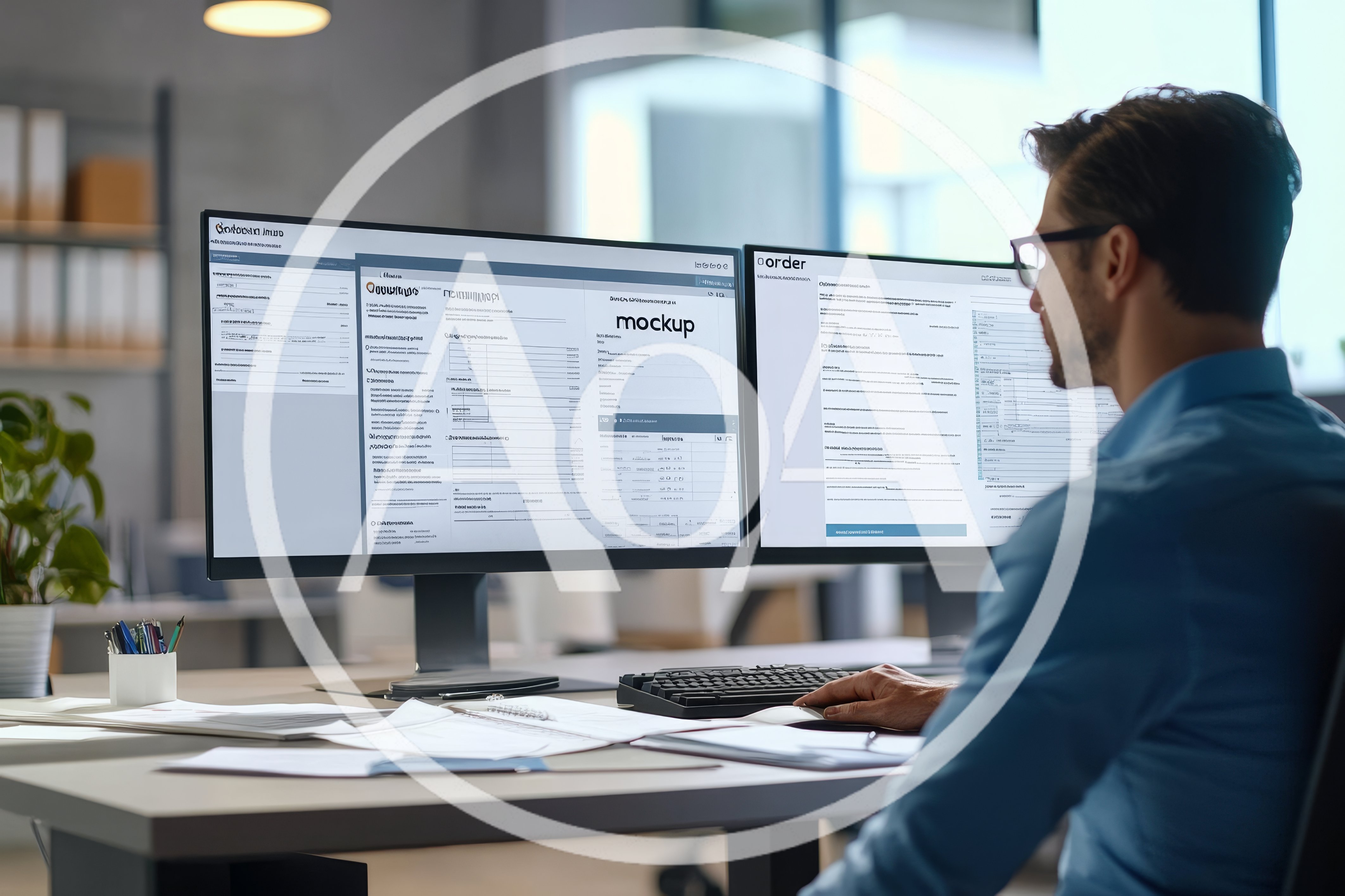 Professional Office Worker Analyzing Data On Dual Monitors