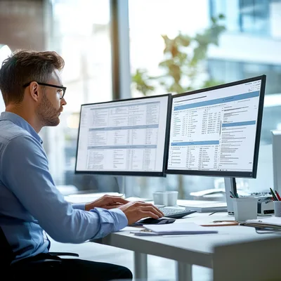 Professional Man Working On Dual Monitors In Office