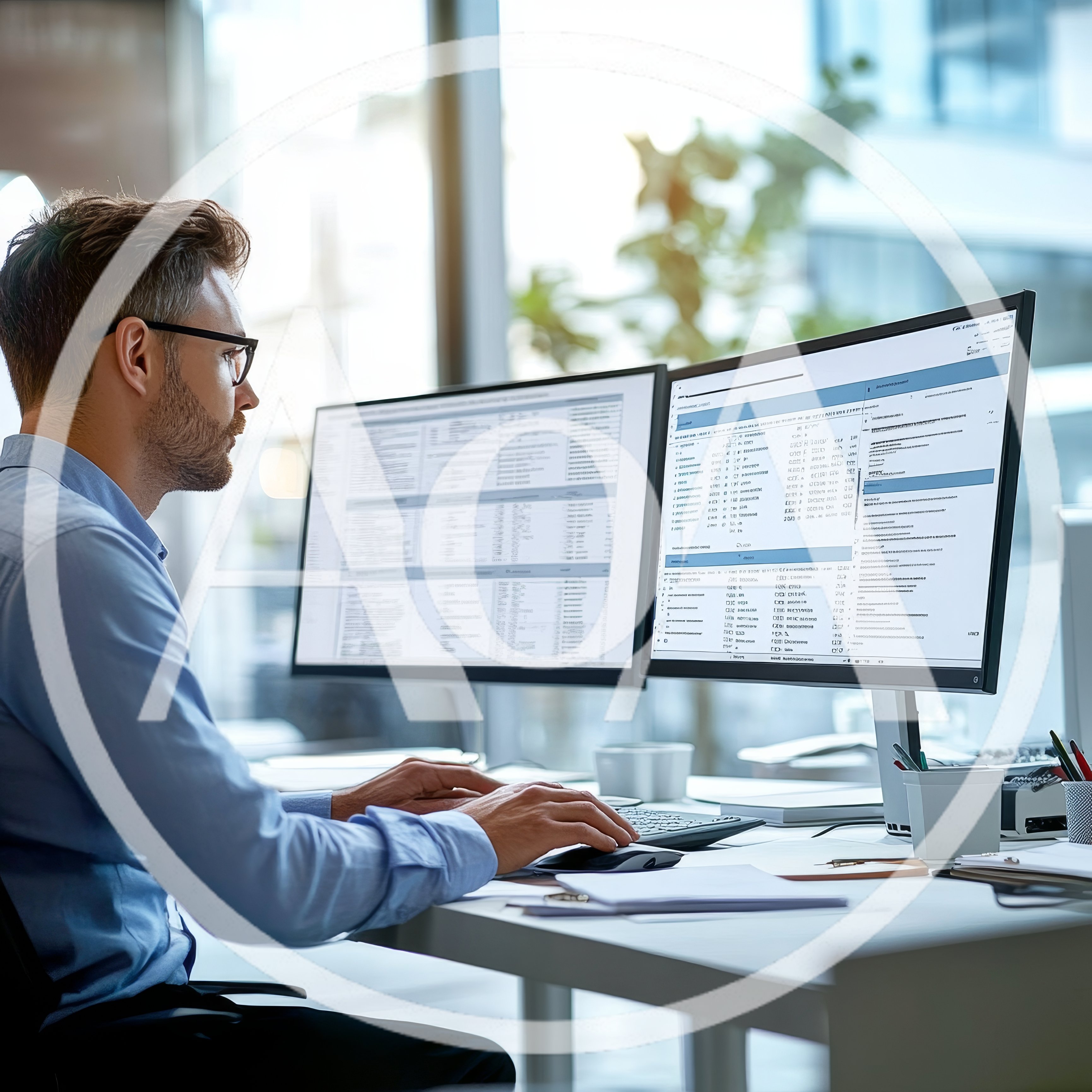 Professional Man Working On Dual Monitors In Office