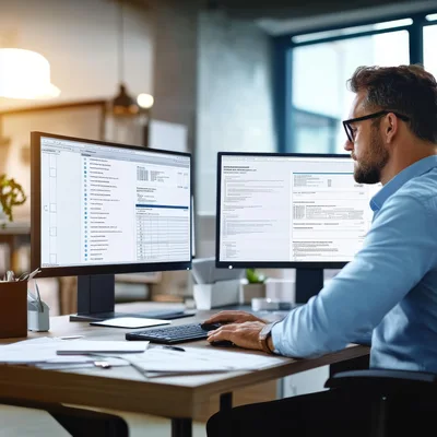 Professional Man Working At Dual Monitor Computer Setup