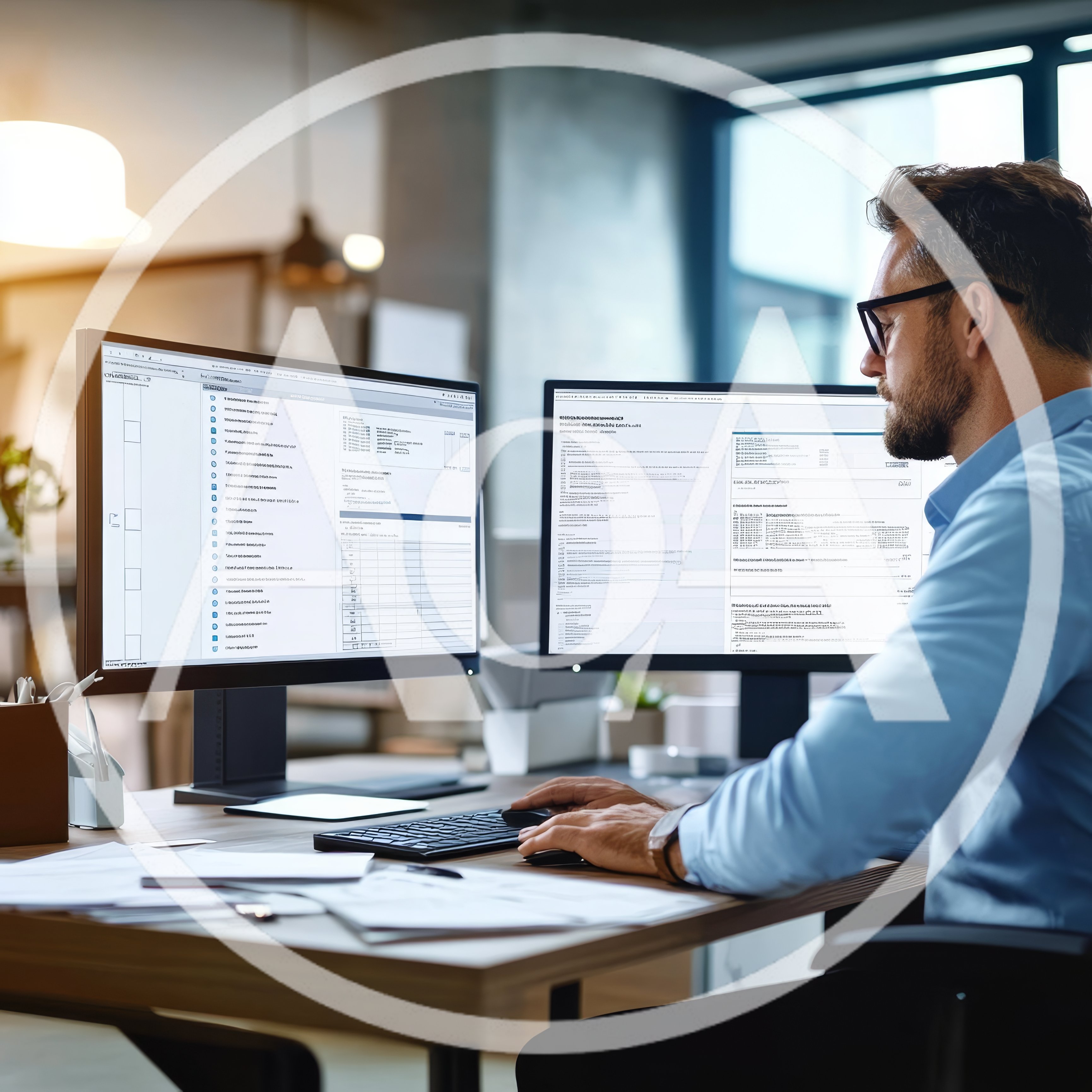 Professional Man Working At Dual Monitor Computer Setup