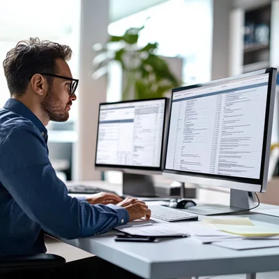 Professional Man Working On Dual Monitors In Office