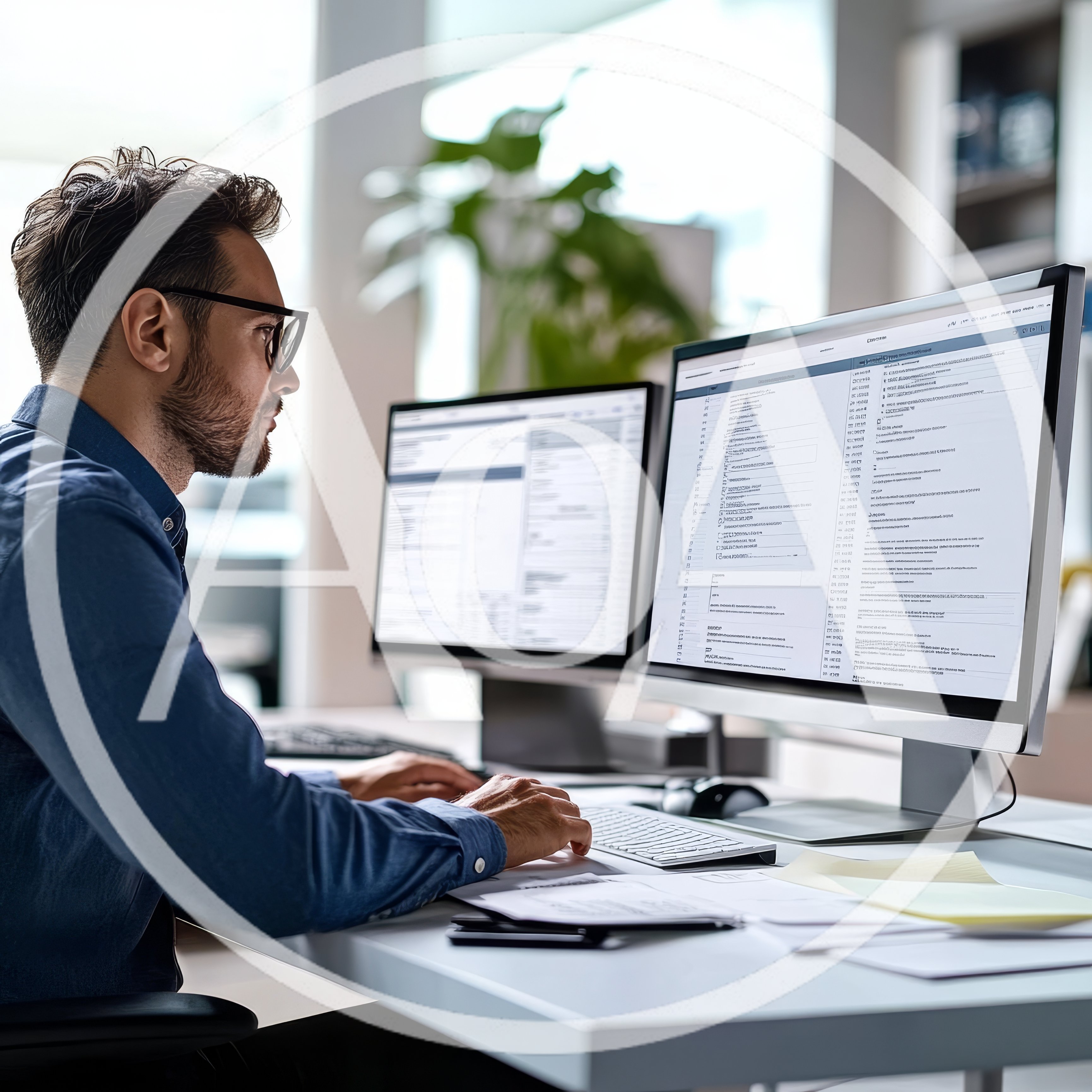 Professional Man Working On Dual Monitors In Office