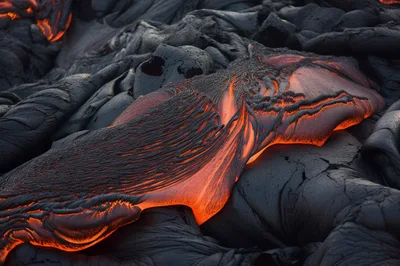 Molten Lava Flowing Over Hardened Volcanic Rock