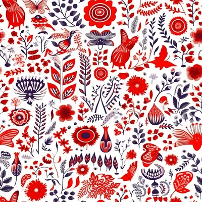 Folk Art Floral Pattern With Red And Blue Motifs