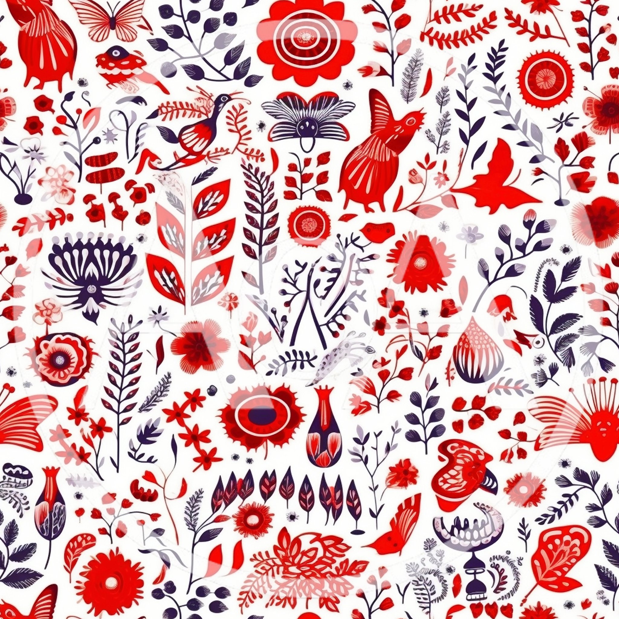 Folk Art Floral Pattern With Red And Blue Motifs
