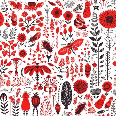 Seamless Pattern With Red And Black Folk Art Insects