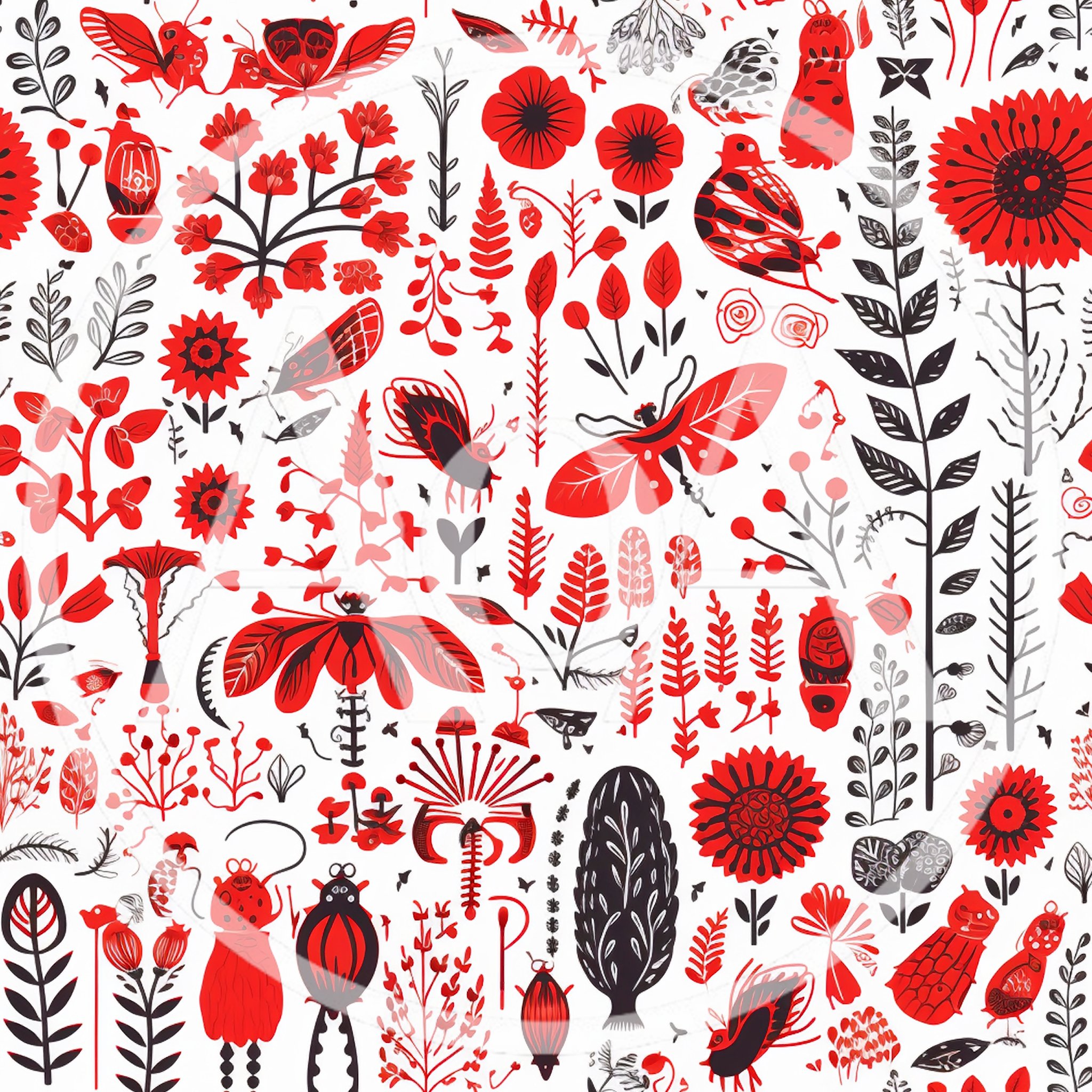 Seamless Pattern With Red And Black Folk Art Insects