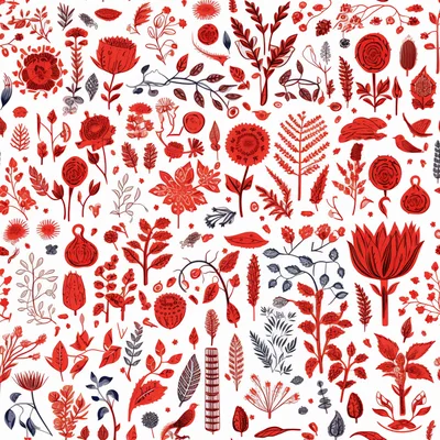 Red Botanical Illustration Pattern With Floral Elements