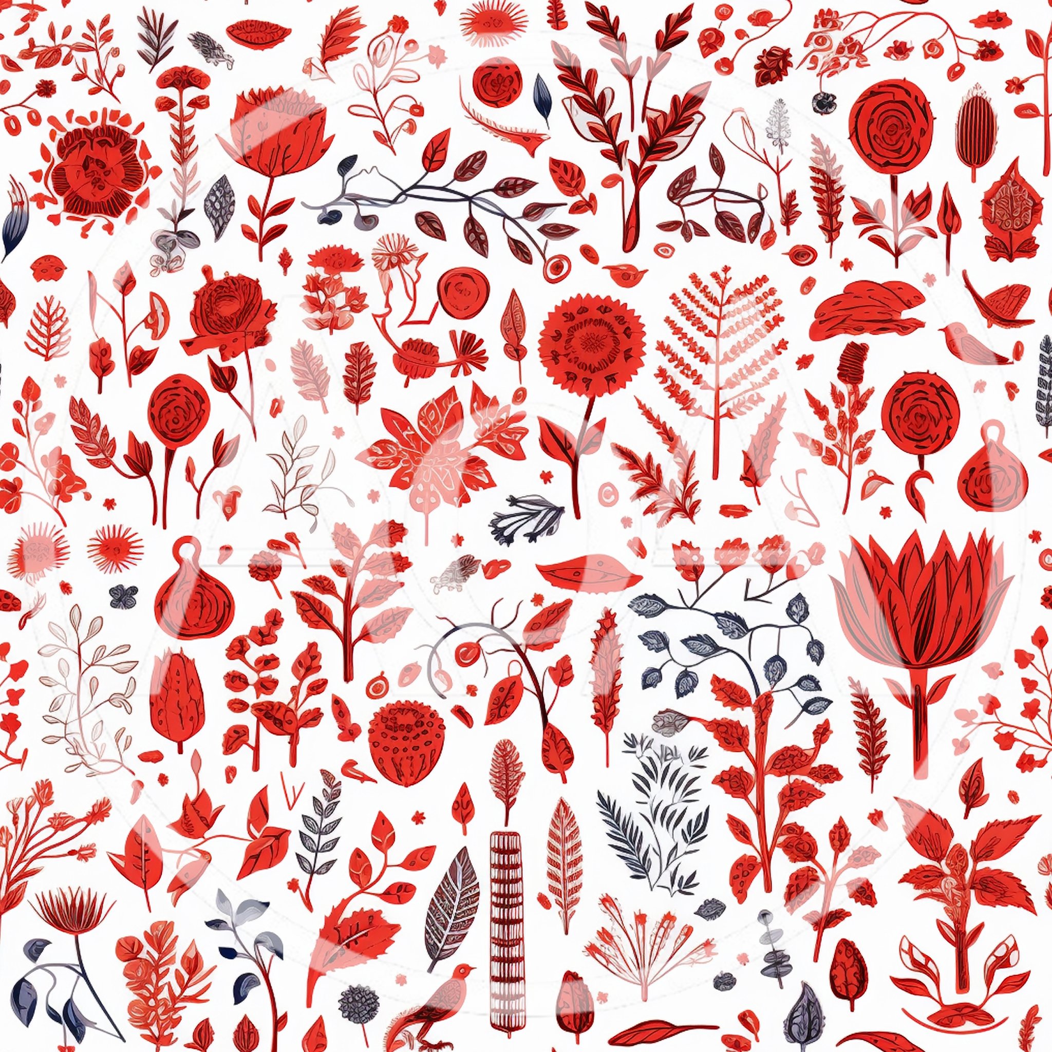 Red Botanical Illustration Pattern With Floral Elements