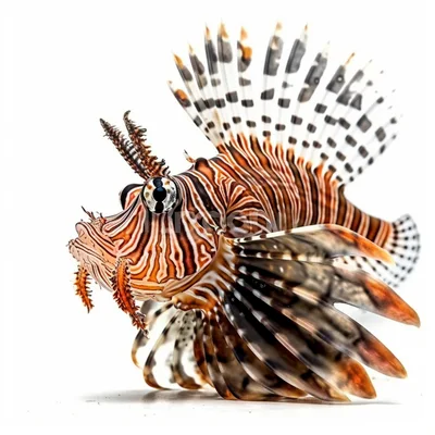 Lionfish Swimming Against A Clean White Background
