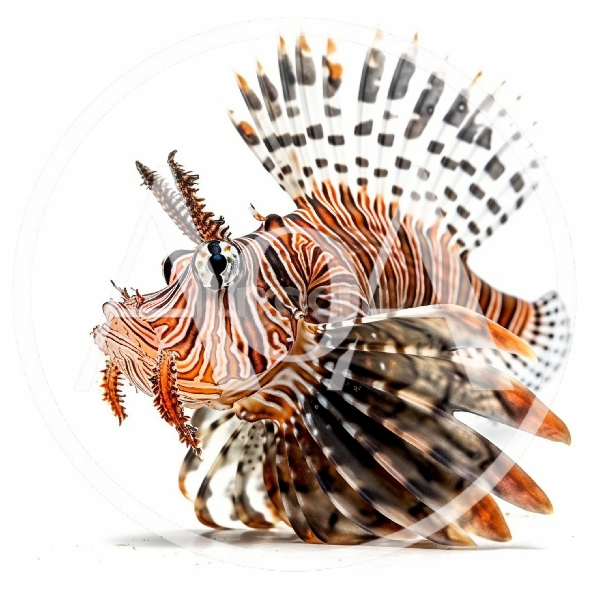 Lionfish Swimming Against A Clean White Background