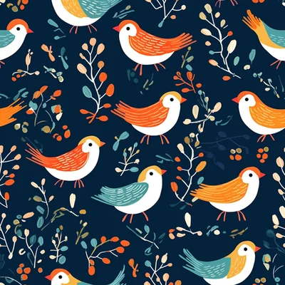 Seamless Pattern With Stylized Birds And Botanical Elements
