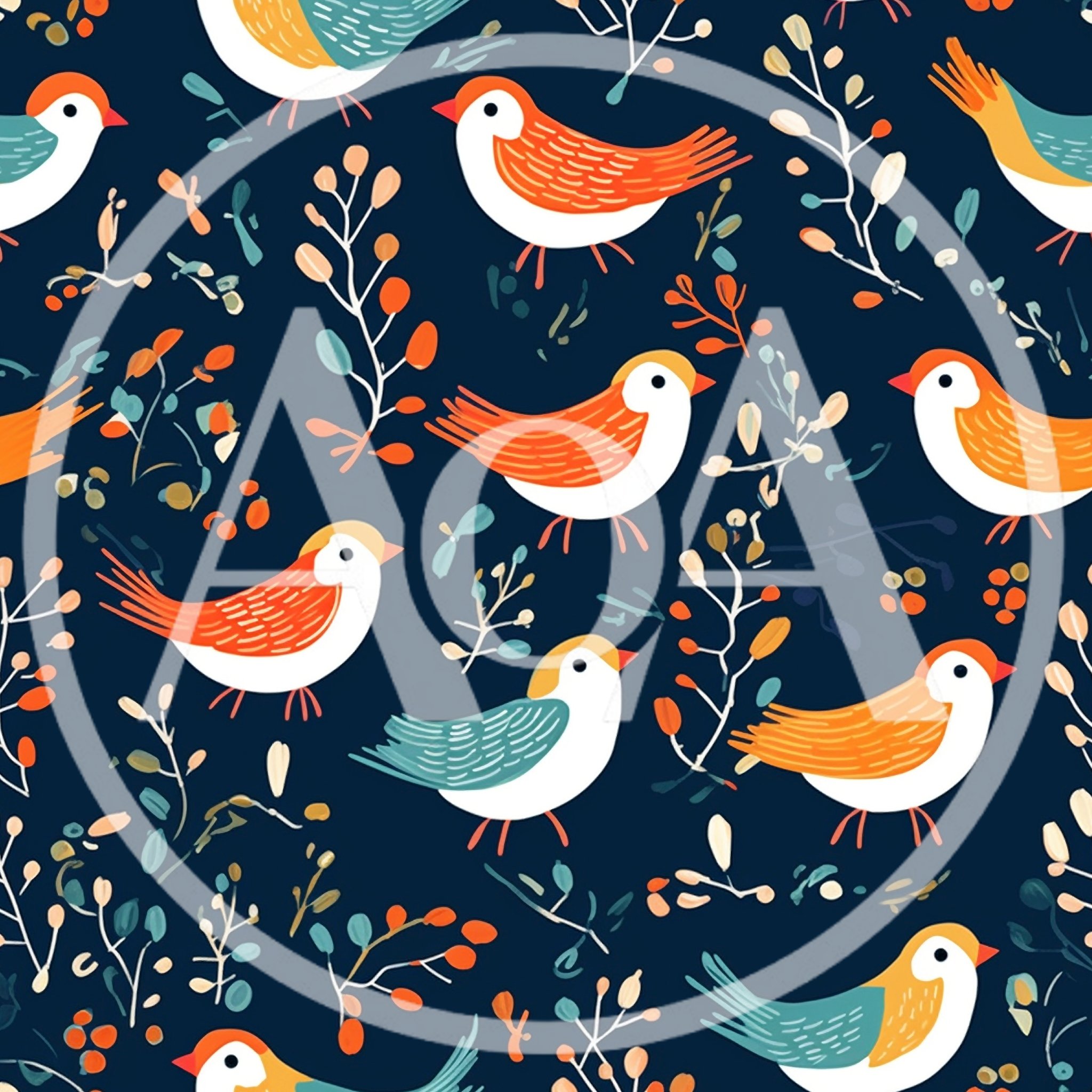 Seamless Pattern With Stylized Birds And Botanical Elements