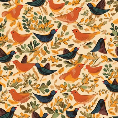 Seamless Pattern of Stylized Birds and Foliage