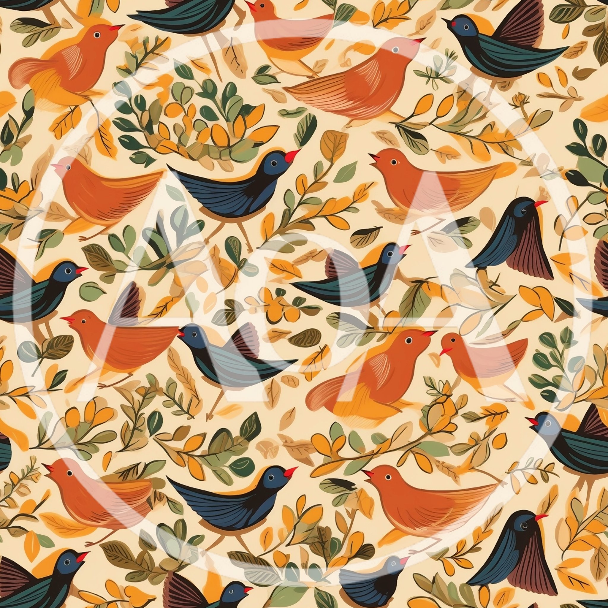 Seamless Pattern of Stylized Birds and Foliage