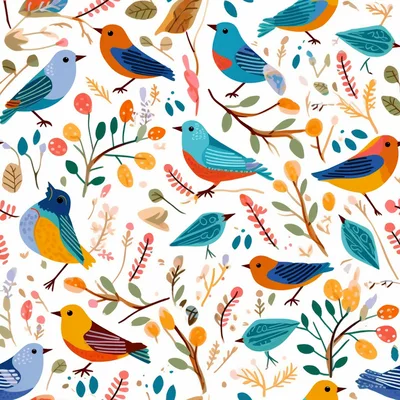 Seamless Pattern With Colorful Birds And Botanical Elements