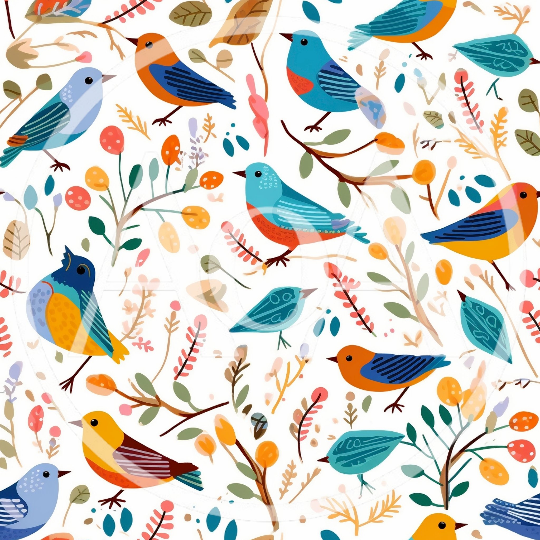 Seamless Pattern With Colorful Birds And Botanical Elements