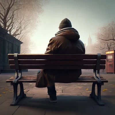 Lonely Man Sitting On A Park Bench