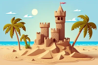 Sandcastle On A Tropical Beach With Palm Trees