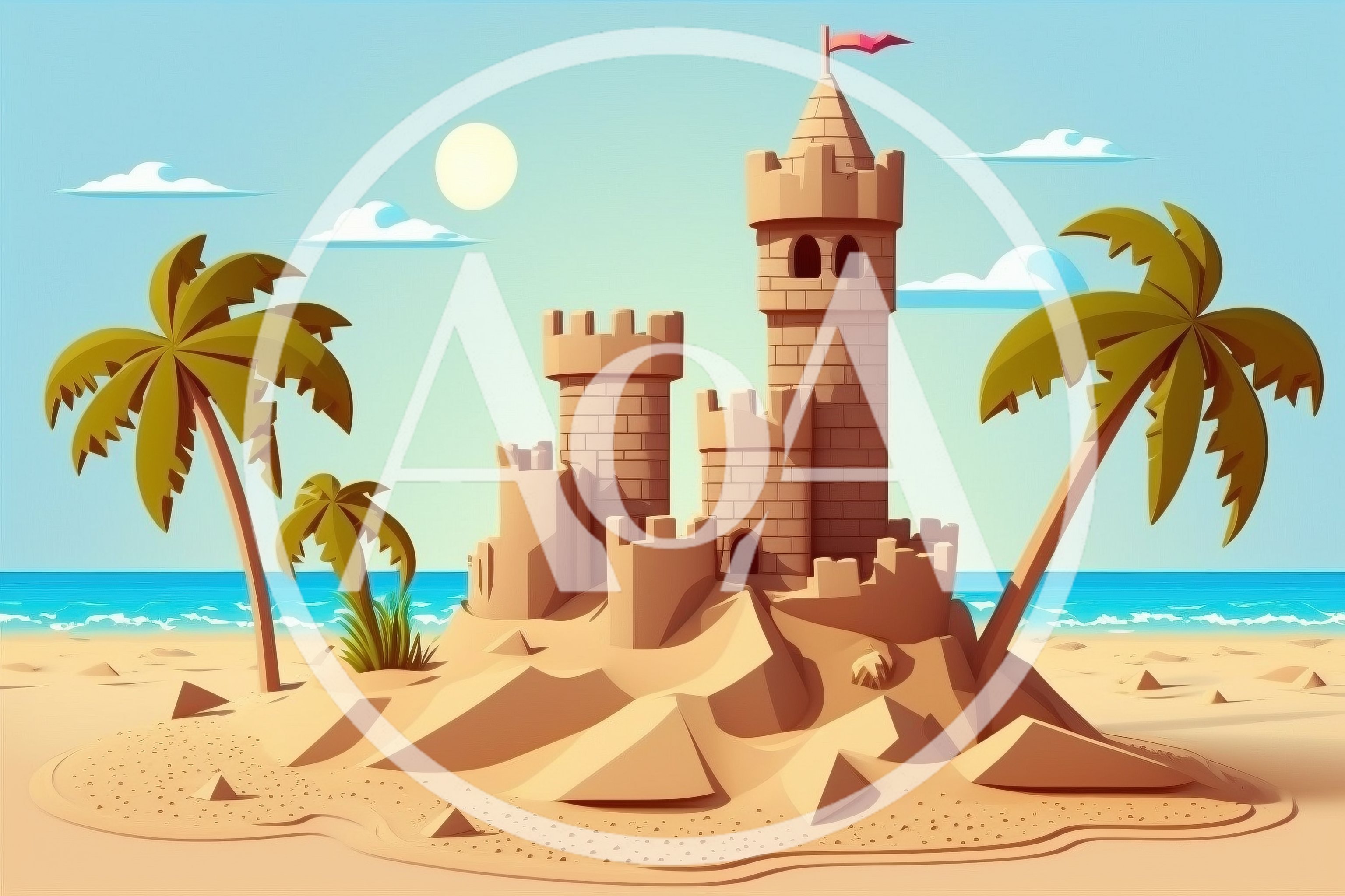 Sandcastle On A Tropical Beach With Palm Trees