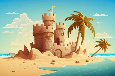 Sandcastle On A Tropical Beach With Palm Trees